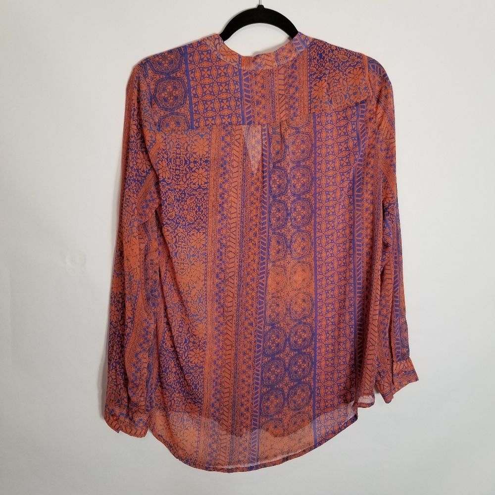 Kut From The Kloth Top Women's Medium Sheer Blue Peach Button Blouse Roll Sleeve - Picture 4 of 8
